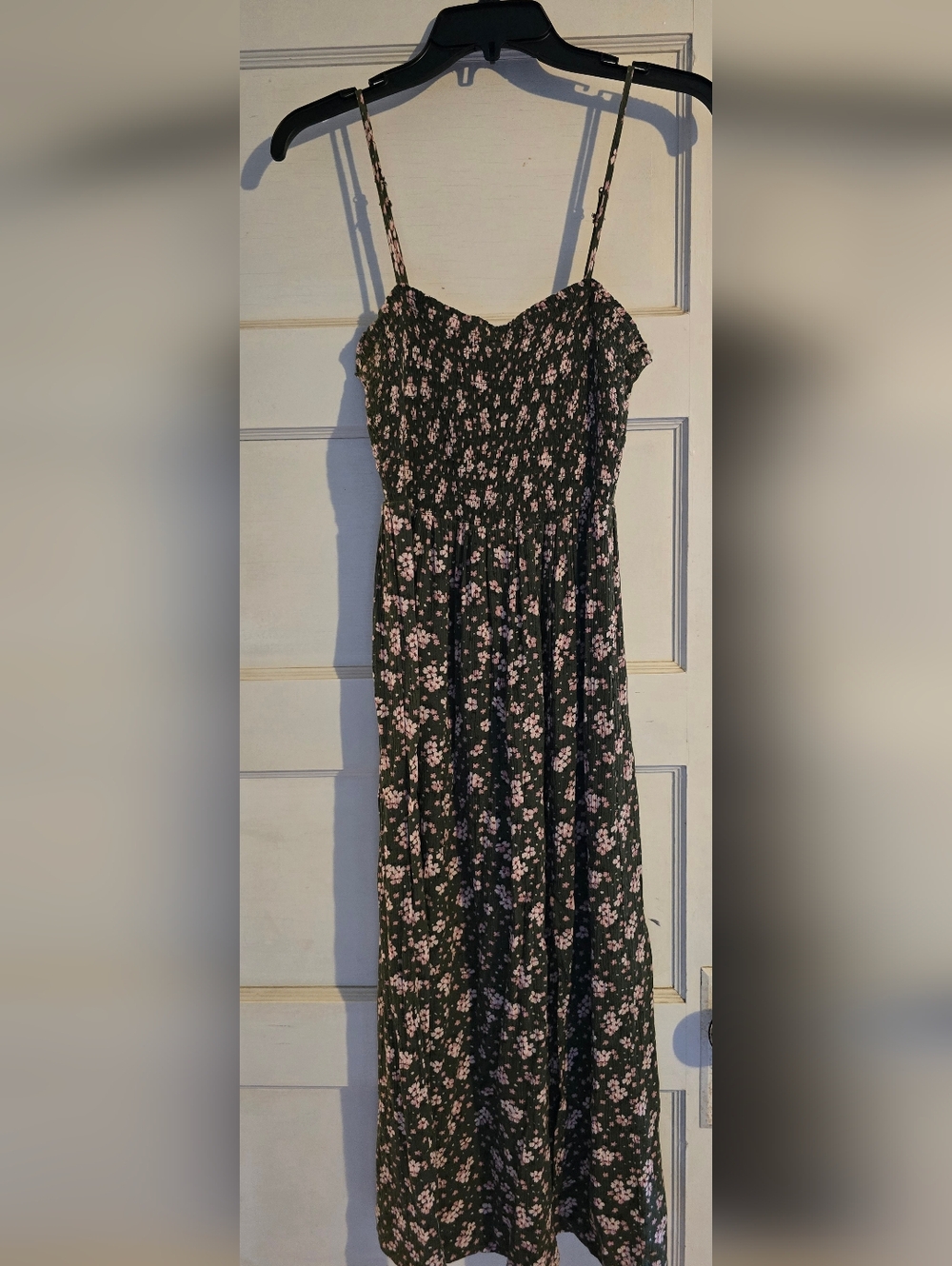 Floral Smocked Maxi Dress - Olive with Pink Flowers